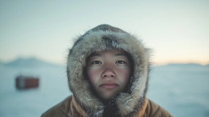 A young Inuit man in a warm fur-lined coat stands in front of a crisp winter landscape at dawn. Generative artificial intelligence