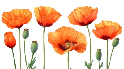 Obraz premium Vibrant Orange Poppy Flowers in Bloom with Green Buds and Leaves