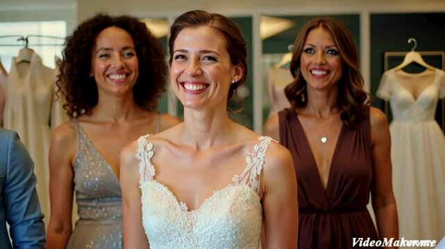 A joyful bride-to-be in a bridal boutique, surrounded by her friends.