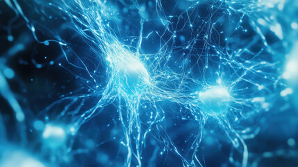 Bright blue neurons are interconnected, revealing an intricate network that highlights their glowing synapses. This microscopic view emphasizes their complexity and importance in the nervous system.