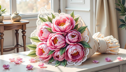 Elegant pink peony bouquet on table with lace, celebration of beauty, Vibrant sunset over purple mountains and flowers, serene beauty, watercolor painting, International Women's Day