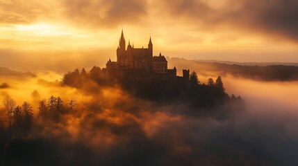 Obraz premium Majestic Castle Enveloped in Golden Sunrise Mist