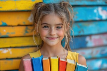 young girl with a radiant smile, holding an armful of colorful books, surrounded by a bright, cheerful environment, symbolizing joy and the love for reading