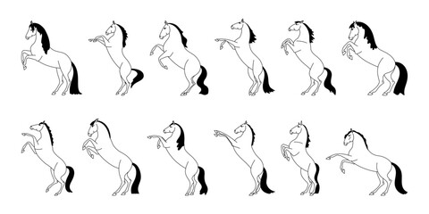 Black and white vector illustration of a horse with a black mane in multiple rearing poses on a white background