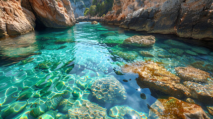 Transparent Sunlit Waters of the Mediterranean Sea near Calpe with Copy Space