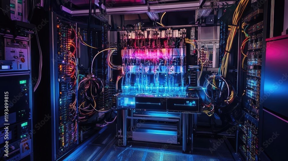 Poster an advanced quantum computer surrounded by holographic representations of quantum physics phenomena