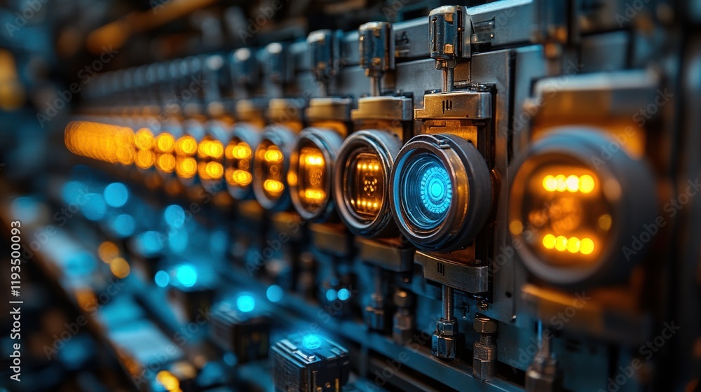 Poster close-up of futuristic electrical panels with glowing lights and technology elements in a dark envir