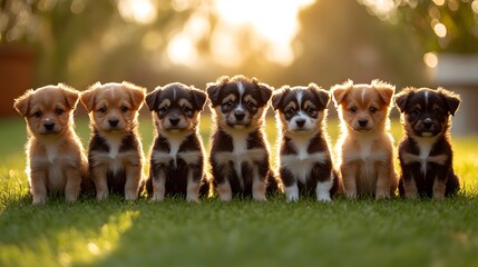 fluffy puppies, showcasing a variety of colors and markings, sit in a row on a grassy lawn, bathed in the warm glow of the setting sun