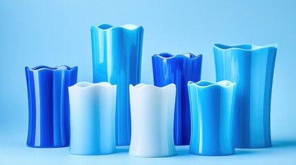 Elegant Collection of Blue and White Decorative Vases on Blue Background