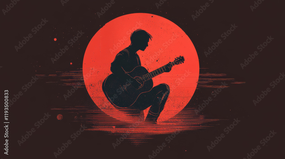 Poster guitarist from particles. guitar player consists of circles and points. vector illustration
