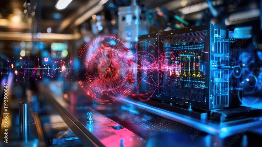 Aufkleber an advanced quantum computer surrounded by holographic representations of quantum physics phenomena