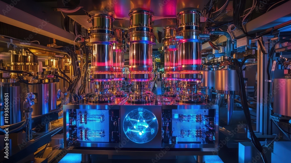 Poster an advanced quantum computer surrounded by holographic representations of quantum physics phenomena