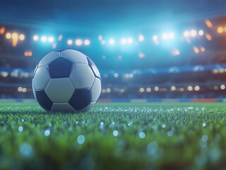 Naklejka premium Close up of a soccer ball in the stadium illuminated by the headlights