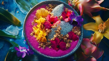 Vibrant Dragon Fruit Smoothie Bowl With Granola And Flowers
