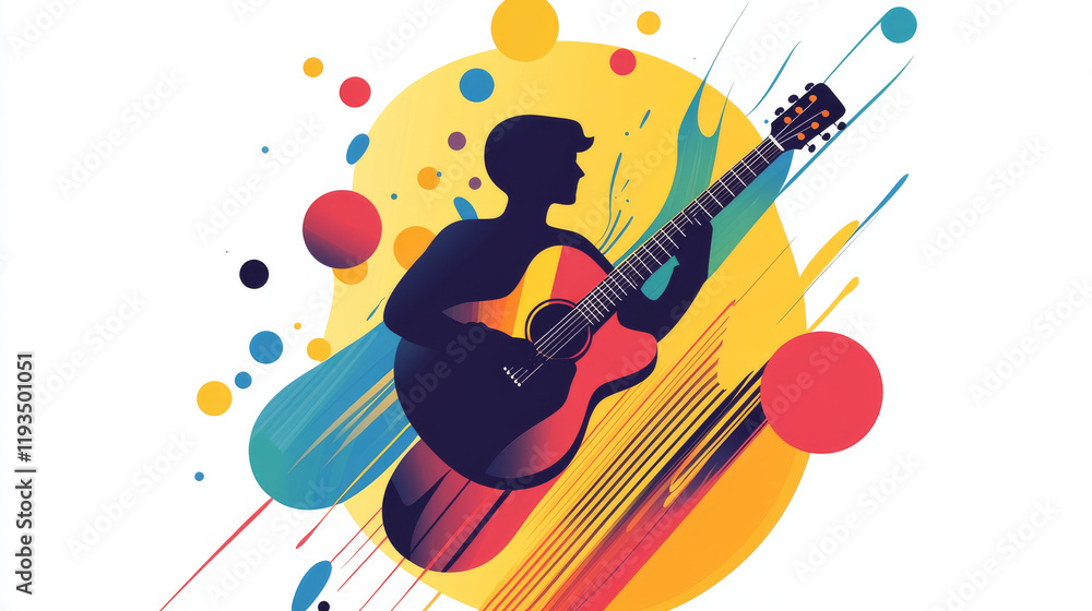 Poster guitarist from particles. guitar player consists of circles and points. vector illustration