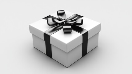 Obraz premium Elegant White Gift Box with Black Ribbon and Bow on White Background