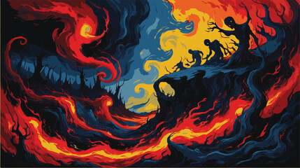 Fiery surreal landscape with swirling dark silhouettes.