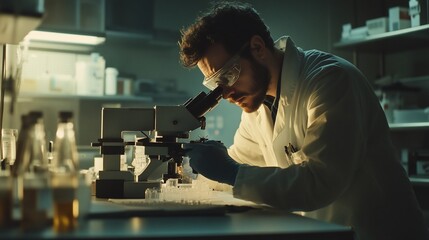 Scientist using a microscope in a laboratory setting