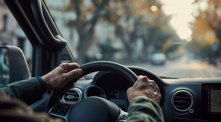 Driver Navigating a City Street in the Early Evening Light