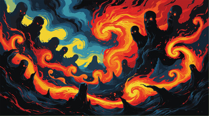 Fiery surreal landscape with swirling dark silhouettes.