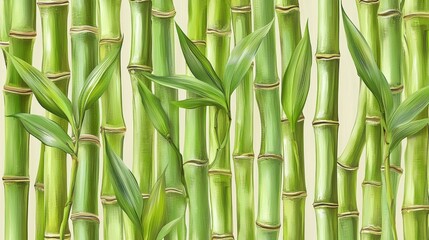 Fototapeta premium Lush Bamboo Forest Background with Green Stems and Leaves