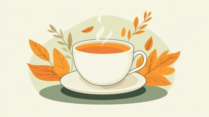Autumnal tea cup steaming, surrounded by leaves, soft pastel background