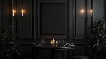 Elegant Candlelit Dining Table in Dark, Sophisticated Interior Design