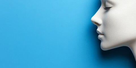 A close-up profile of a white textured face against a blue background, emphasizing facial features and contours