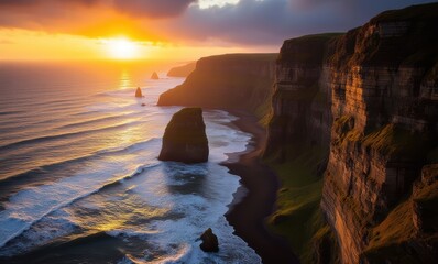 Dramatic coastal cliffs at sunset