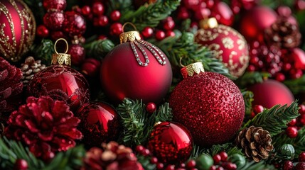 Red and Gold Christmas Ornaments on Evergreen Foliage Arrangement