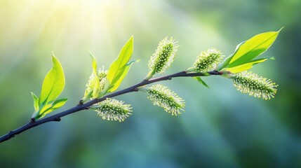 Fresh Green Leaves and Blossoms on Branch in Natural Light