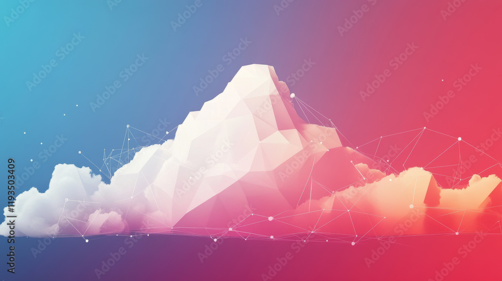 Poster a polygonal cloud design featuring triangles, dots, and a network of lines. this low-poly structure 