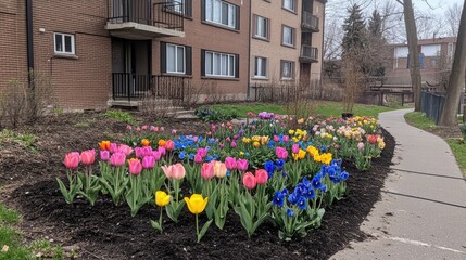 Obraz premium Colorful Tulip and Iris Flower Garden in Urban Environment
