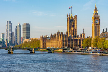 Big Ben with Houses of Parliament and Westminster bridge, London, UK