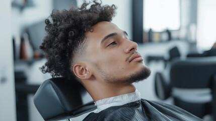 Man with curly afro hairstyle in black cape at salon chair. Men hairstyling services