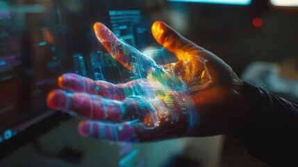 A close-up view of a hand with futuristic digital patterns overlayed on its surface