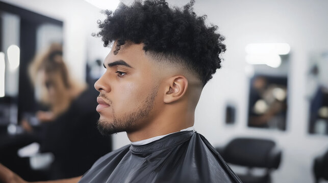 Man with afro fade haircut in black cape at barbershop. Men grooming and style services