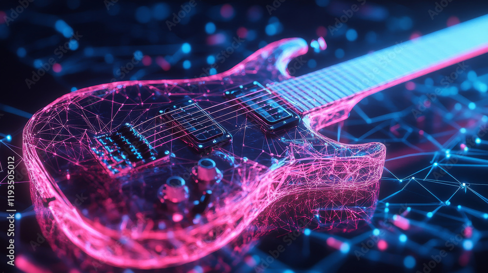 Poster hologram guitar. a guitar made of polygons, triangles of dots and lines. guitar icon low poly connec