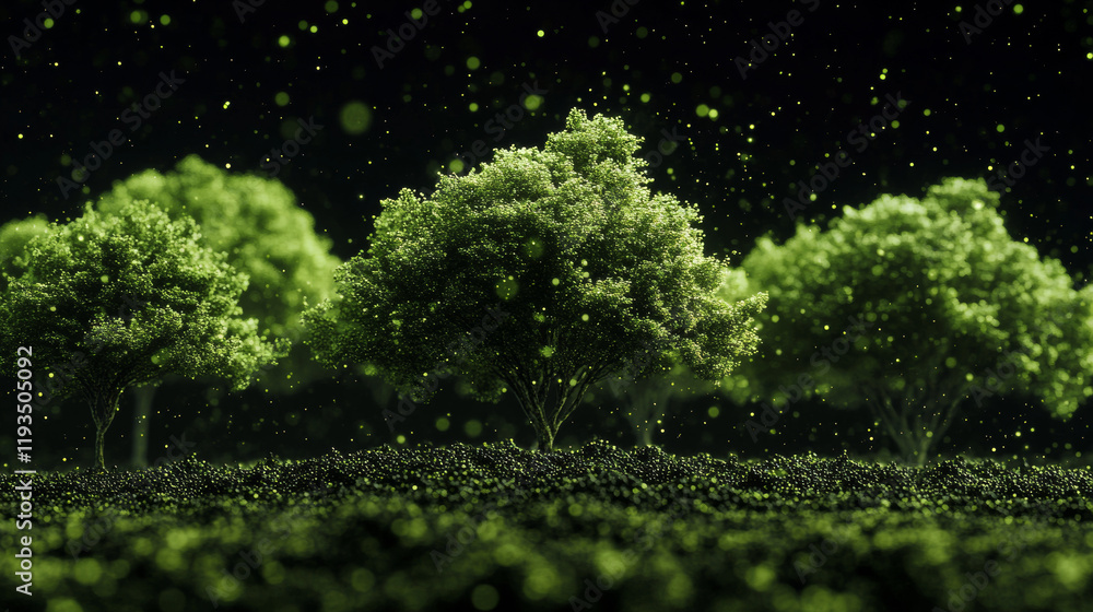Poster planting trees from particles on a dark background. planting trees out of circles and dots