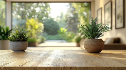Fototapeta premium Wooden Tabletop with Potted Plants and Blurred Background