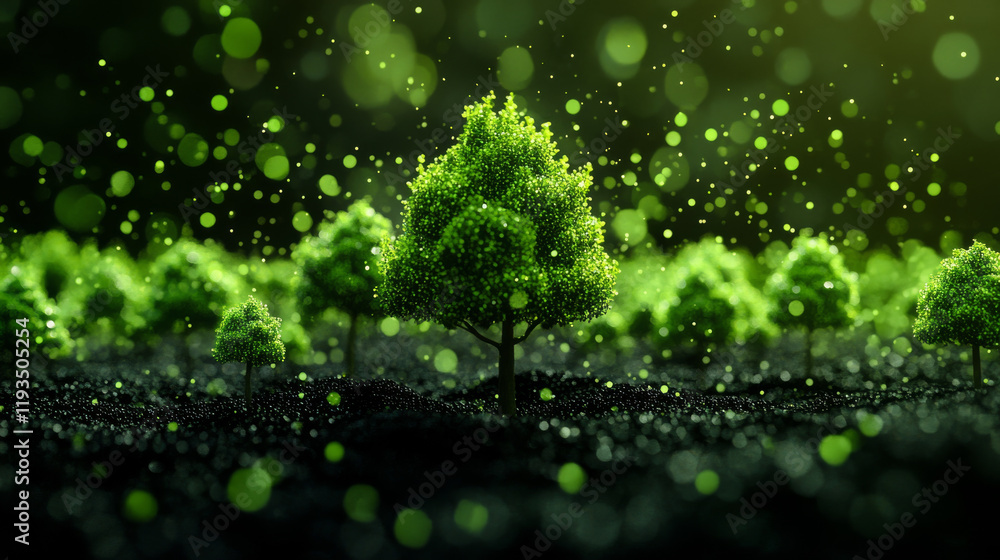 Poster planting trees from particles on a dark background. planting trees out of circles and dots