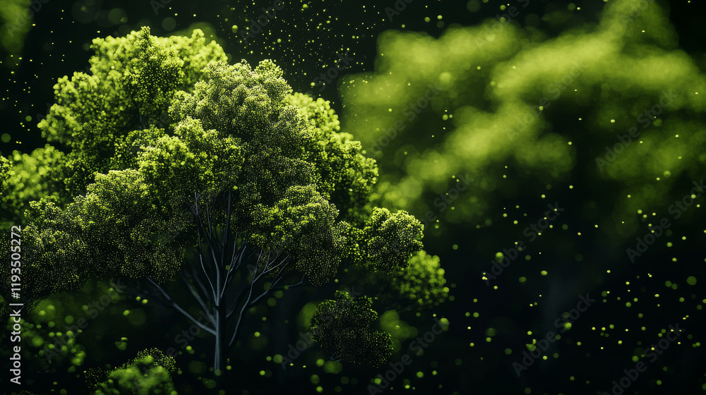 Poster planting trees from particles on a dark background. planting trees out of circles and dots