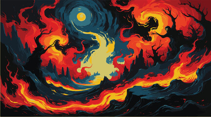 Fiery surreal landscape with swirling dark silhouettes.