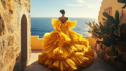 Woman in Yellow Dress Overlooks Ocean View