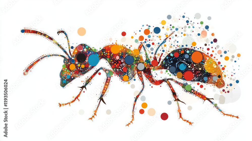 Poster ant of the particles. the ant consists of circles and points. vector illustration.