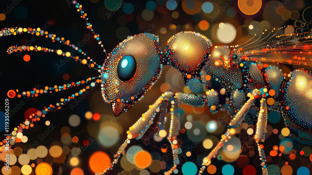 Poster ant of the particles. the ant consists of circles and points. vector illustration.