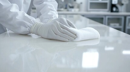 Cleaning Process in Laboratory Setting with Gloves and Cloth