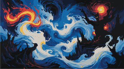Fiery surreal landscape with swirling dark silhouettes.