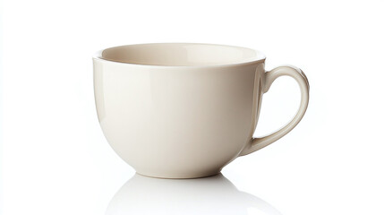 Closeup front view of white shiny reflection ceramic mug or cup isolated on white background. coffee tea drink beverage container object, porcelain kitchen utensil handle, blank, empty.