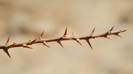 Thorny branch with sharp pointed spikes against a blurred background